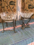 Vintage. Bowls with stands. Metal stands ( one says made in India) round glass top and v shape