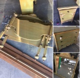 Vintage twin/full bed frame, side cabinet, mirror and three drawer amour with casters