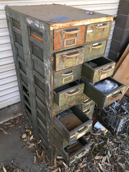 20 drawer (missing two) all wood Carpenters cabinet & assorted items