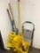 Assorted cleaning supplies, mop bucket, mop, step stool, caution sign, dust pan, broom, etc.