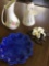 Porcelain. Tewis plate and vase, Riddle flower, woman with plate figurine