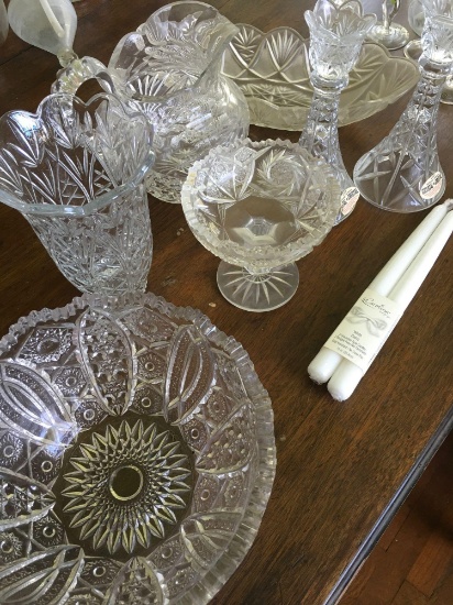 7 pieces. Assorted Crystal items. Bowl, candle holders, candy dish, serving tray, pitcher, vase