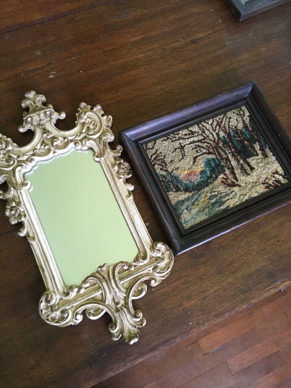 Vintage. 19" x 19" framed mirror. 12" x 10" framed art