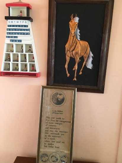 Lighthouse calendar, horse framed art decor, & framed message decor