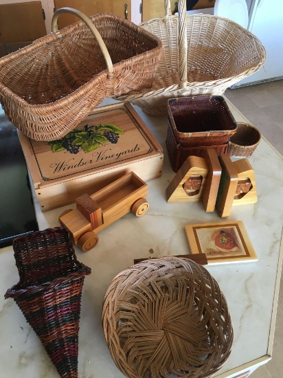 Assorted lot of baskets, wood box, book shelfs, wood items & decorative tile