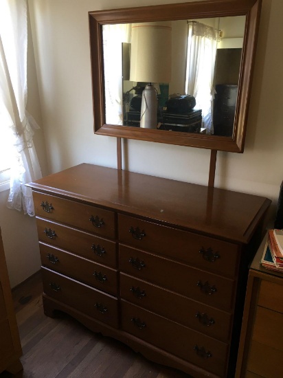 Vintage Imperial Cabinet Co. maple 8 drawer dresser with mirror. 72" ( includes mirror) x 50" x 19"