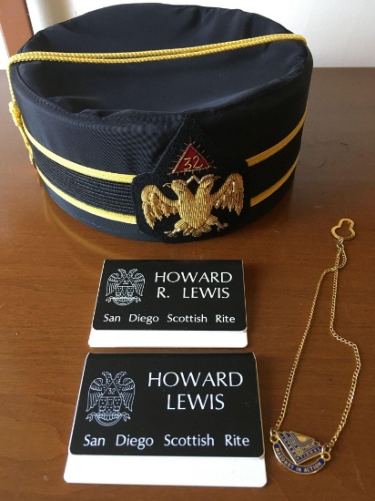 Vintage D. Turin & Co. Masonic hat, size 7 1/8 Twelve Charter International chain & 2) card holders