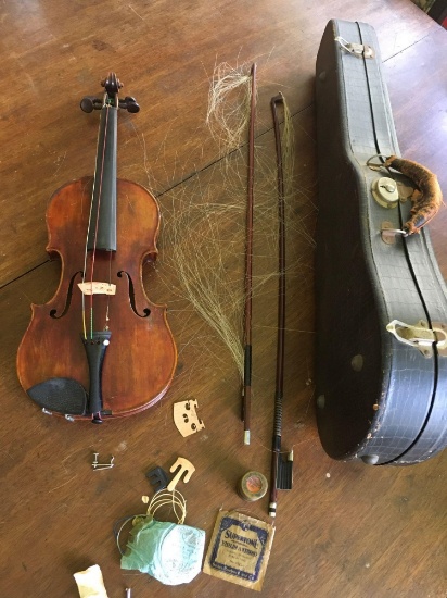 Vintage Violin/Fiddle restored by Gosparlin 1948, 2) bows, Eagle Lock Co. hard case & accessories