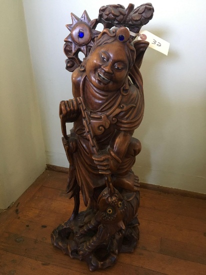 Vintage 22" x 9" wood, Buddha sculpture with dragon