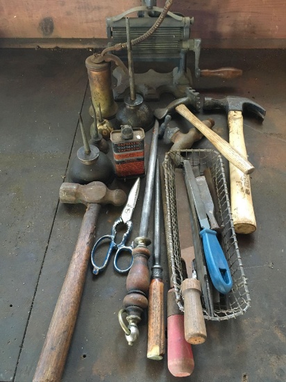 Vintage tools, Oil cans, Hand Crank Wringer, Metal files, Hammers etc