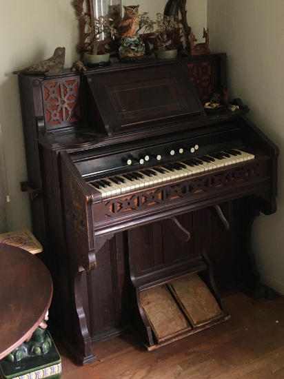 Victorian Kimball Chicago pump organ, stamped 189749 & "Songs Every One Should Know" book