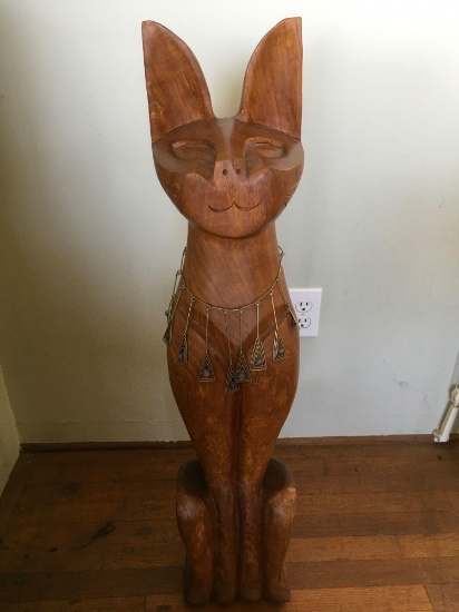 35" x 7" Hand carved wood cat statue