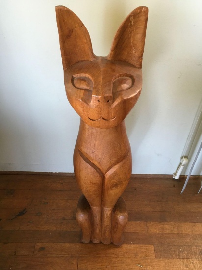 34" x 7" hand carved wood cat statue. Cracks on both ears