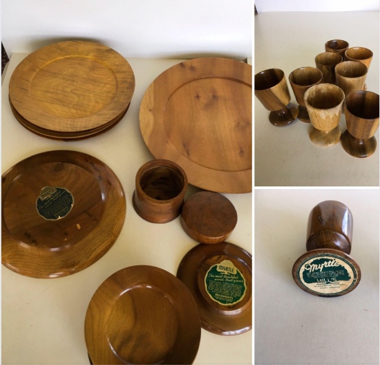 23 pieces. Myrtle wood plates and container. 8) 6", 5) 10", 1) 14", 1) container 8) tumblers