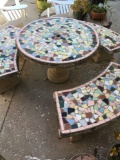 Concrete outdoor patio set. Table & 3 benches each piece weighs in excess of 100lb