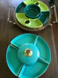 Vintage Lazy Susan wood trays with ceramic serving dishes