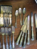 19 pieces. Vintage Gorham Electroplate Pat 1802 cutlery. 10) forks 3) spoons 6) knives 1) wood tray