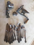 Vintage, (15) Versailles stainless utensils, vintage meat grinder parts, & weight