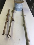 Vintage Bait can & 3) fishing pole holders ground stakes