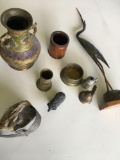 Lot. Decorative items. Japan vase, India flamingo, meta eagle on rock, bell, Stein, etc