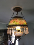 Vintage Rare style hanging oil chandelier with shade & prisms. 25
