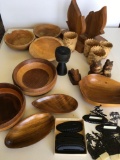 15 pieces. Ass wood items bowls, book ends, etc, salt and pepper ceramic squirrels etc