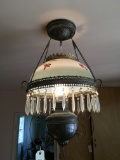 Works.Vintage Rare style hanging oil chandelier with shade & prisms. 27
