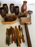 Vintage. Wood, tumblers, vase, candle holders, hammer, gavel, Monkey pod wood dish butter knives