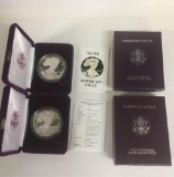 1986 American Silver Eagle Proof Dollar - 1oz Silver BU Velvet box & COA set of 2