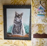 Wall decor, framed cat picture & key holder