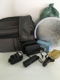 Camera Equip. Camera bag with camera, Light meter, Filters & assorted accessories