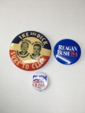 Campaign pins - Presidential elections - Eisenhower Nixon 1952, Reagan Bush 1984, Bush Quayle 1992