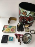 Vintage Knick Knacks, Weibro trash bin, Money clip, Wallets, Bracelet, Abalone shell, baby shoes