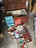 Vintage wood chest, Large lot of Christmas ornaments/deco