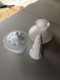 Milk glass dish, decor & shade lamp