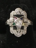 Platinum Ring - Diamond & Emeralds size 5 (Order of Eastern Star)