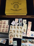 Collectible stamps with vintage tin Tate Express Cigarettes box