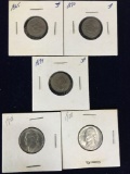 3 cent US coins 1865, 1870, 1874. 2) 1938 Jefferson Nickels
