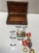 Assorted pins, LAFD belt buckle, medals & wood box