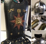 Medieval metal helmet, handguards , neck brace & leather like vest with metal accents