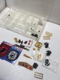Assorted pins, patches, etc & storage box