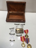 Assorted pins, LAFD belt buckle, medals & wood box