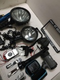 Lot. Assorted items. Lights, pocket multimeter, monitor, binoculars, flashlights, etc