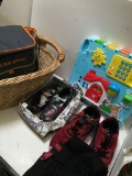 Lot. Assorted items. Shoes size 13 & 8, toy, pants, bag, basket