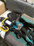 Lot. Assorted items. Ryobi box, Makita heavy duty bag, tool sack, light and drill turned on