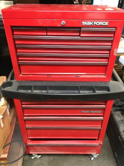 2 piece Task Force tool boxes. Top 18" x 26" x 30" 7 drawer box. Bottom 33" x 34" x 18" 5 drawer