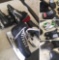 Group of assorted Shoes, Ice skates, Cleats, Boxing gloves, padded Bike seats