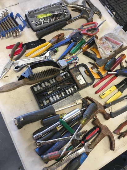 Grouping of assorted tools, hammers, pliers, wrenches etc.