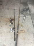 Grouping of Fishing gear, 2 poles, 3 reels, 1 net