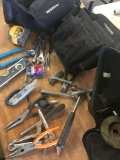 Grouping of assorted Pliers, Wrenches, Husky & Ridgid Tool bags & Large Husky tool belt